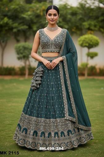 teal blue georgette embroidered lehengas