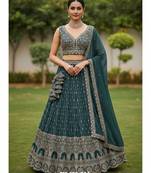 teal blue georgette embroidered lehengas