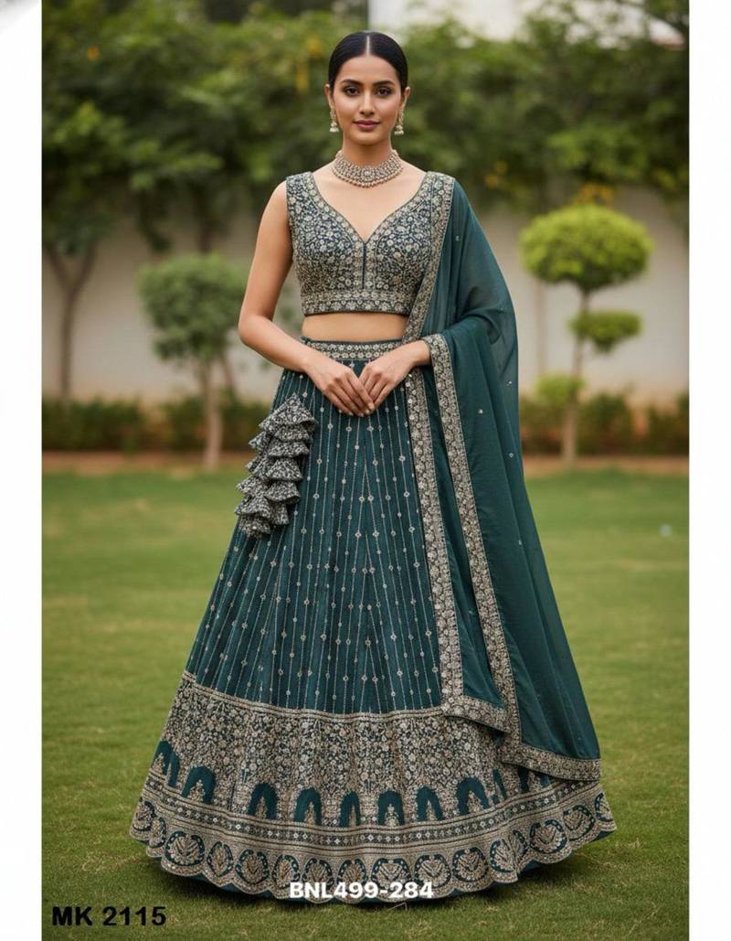 teal blue georgette embroidered lehengas