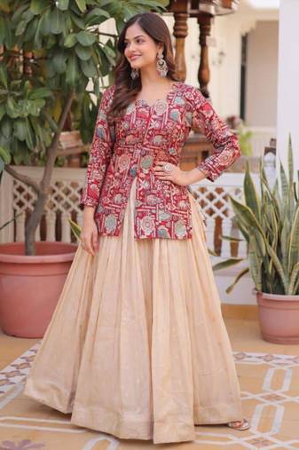 cream jacquard plain lehengas