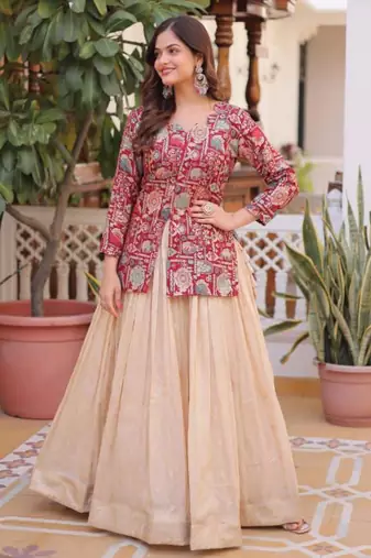 cream jacquard plain lehengas