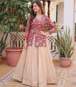 cream jacquard plain lehengas