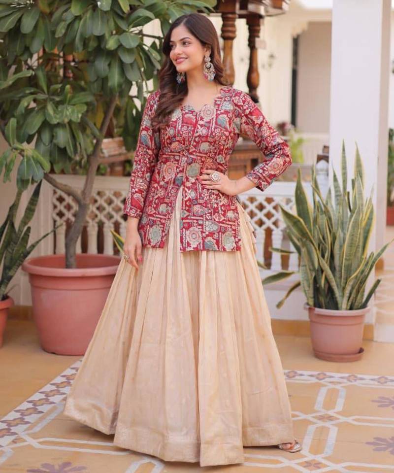 cream jacquard plain lehengas