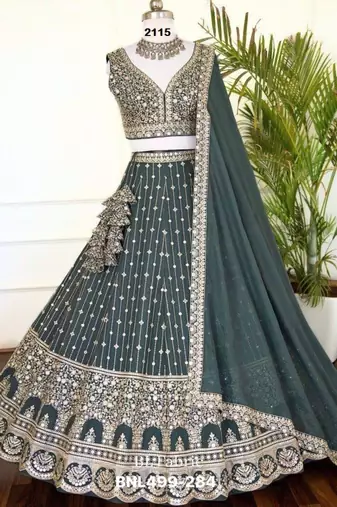 teal blue georgette embroidered lehengas
