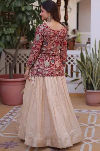 cream jacquard plain lehengas