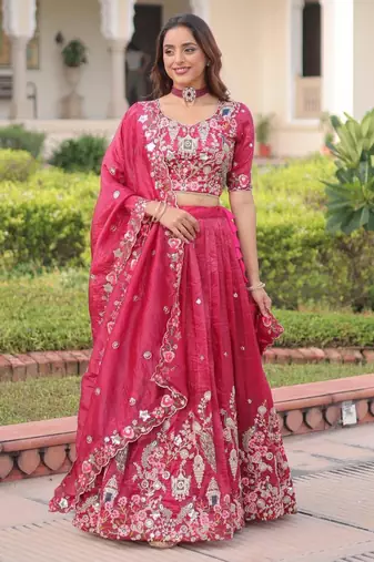 hot pink georgette embroidered lehengas