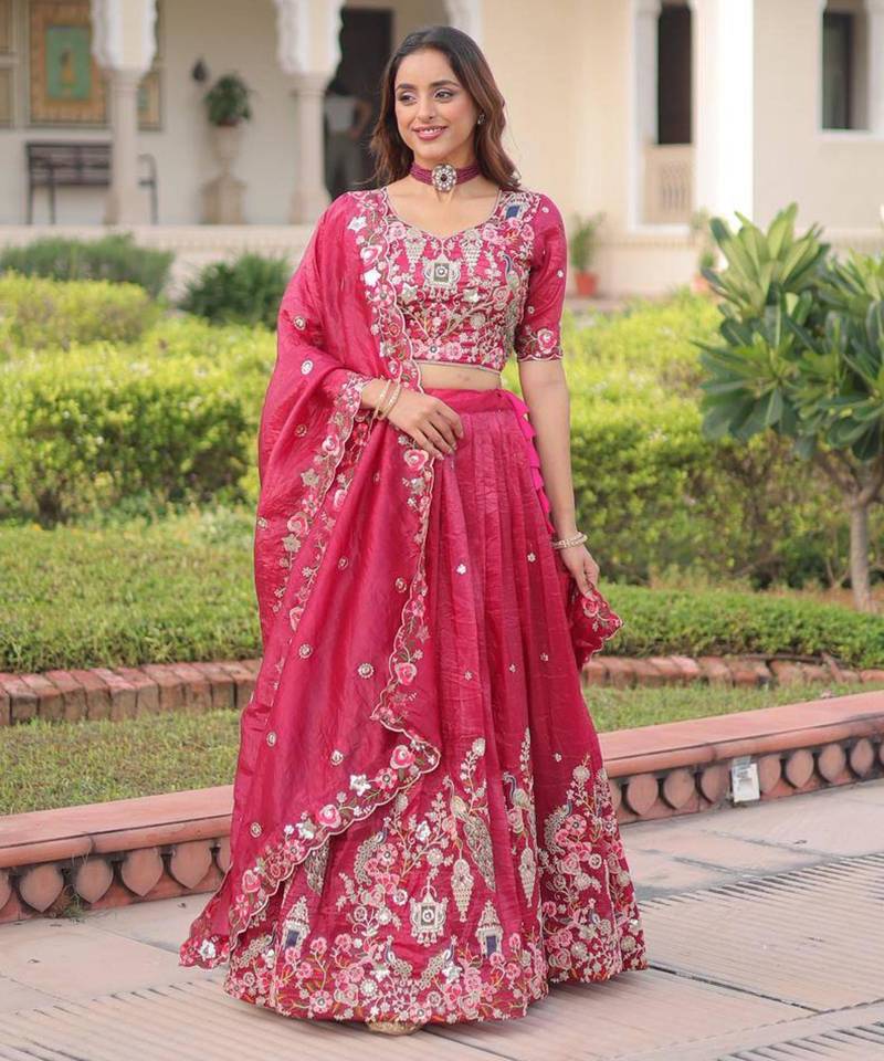 hot pink georgette embroidered lehengas