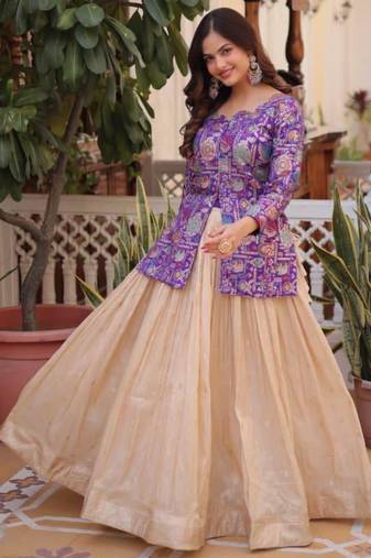 cream jacquard plain lehengas