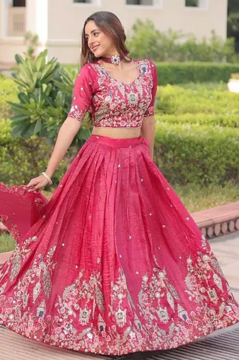 hot pink georgette embroidered lehengas