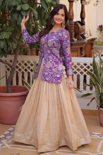 cream jacquard plain lehengas