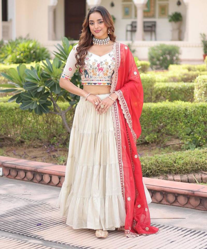 off white silk embroidered lehengas
