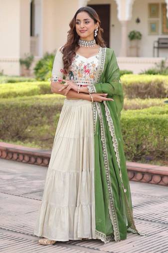 off white silk embroidered lehengas
