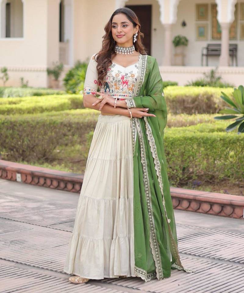 off white silk embroidered lehengas