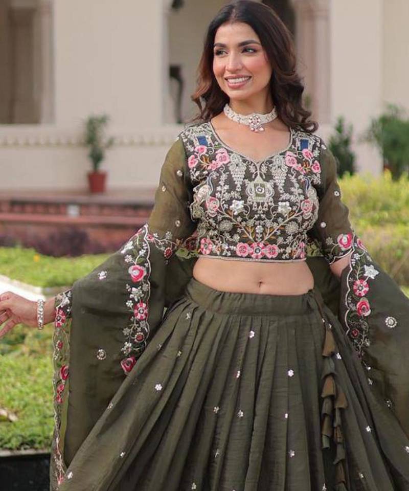 mehendi georgette embroidered lehengas