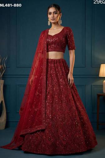 maroon net embroidered lehengas
