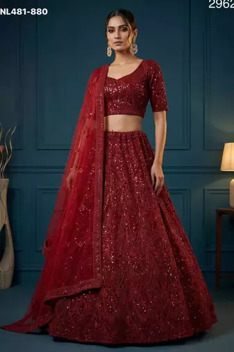 maroon net embroidered lehengas