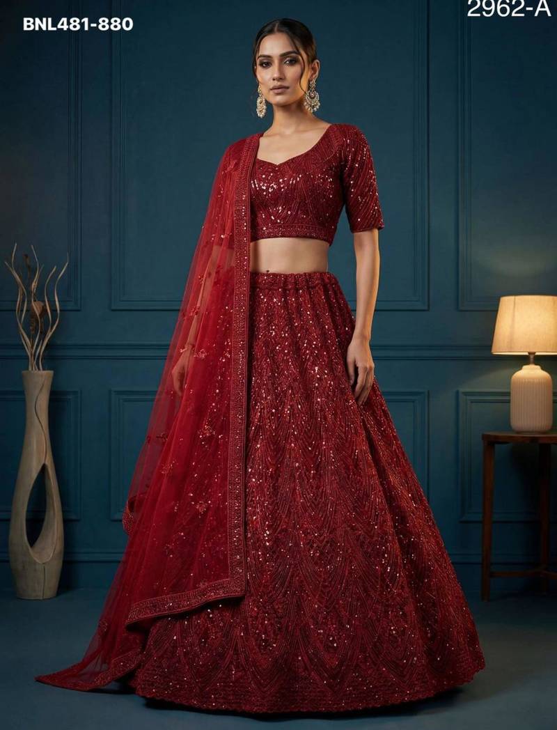 maroon net embroidered lehengas