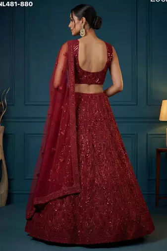 maroon net embroidered lehengas