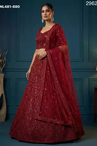 maroon net embroidered lehengas