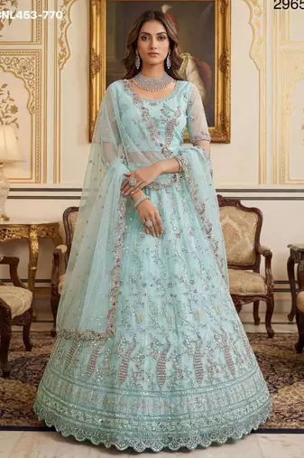 light sea green net hand woven lehengas