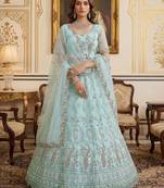 light sea green net hand woven lehengas