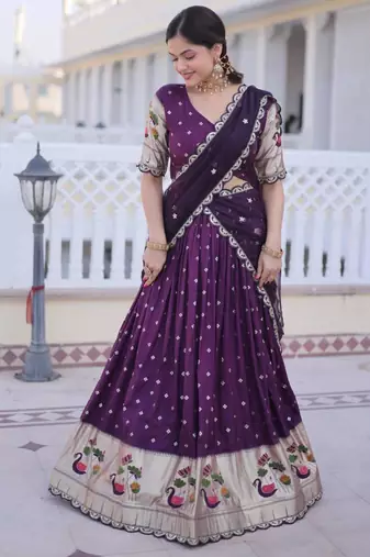 dark purple silk plain lehengas