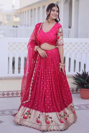 rani pink silk plain lehengas