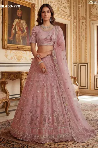 light baby pink net hand woven lehengas