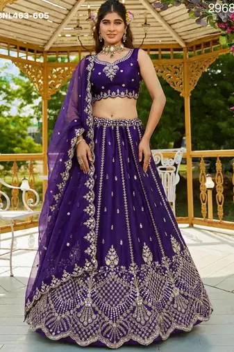 purple satin hand woven lehengas