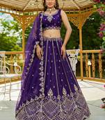 purple satin hand woven lehengas