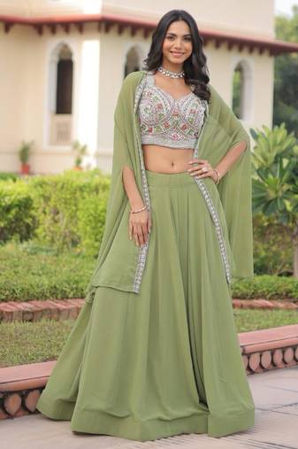 light olive georgette plain lehengas