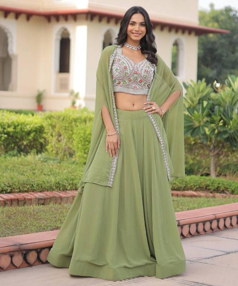 light olive georgette plain lehengas