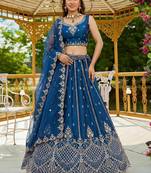 navy blue satin hand woven lehengas