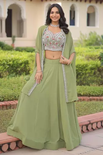light olive georgette plain lehengas