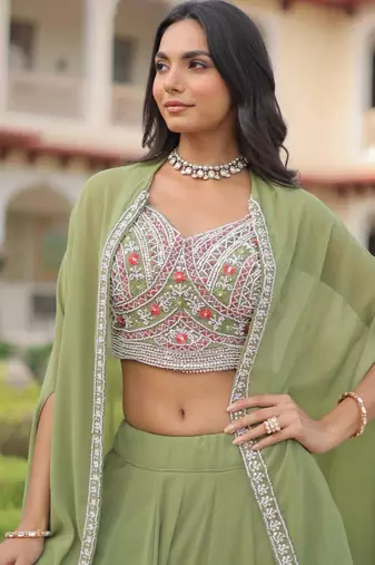light olive georgette plain lehengas