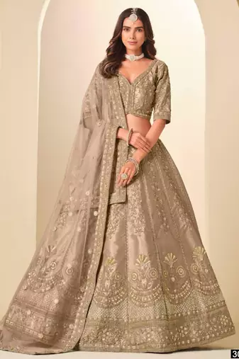 dark beige art silk embroidered lehengas