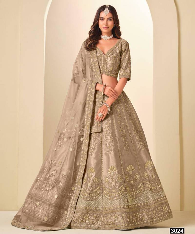 dark beige art silk embroidered lehengas