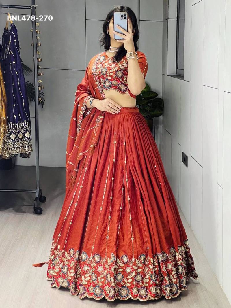 orange silk embroidered lehengas