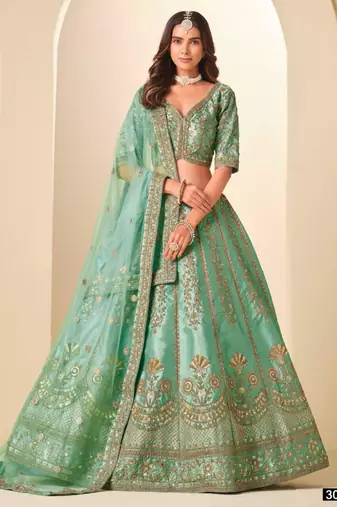 sea green art silk embroidered lehengas