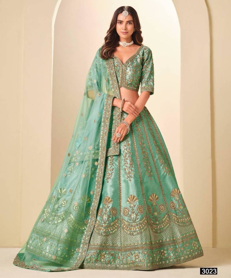 sea green art silk embroidered lehengas