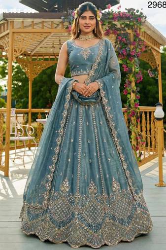 cobalt blue satin hand woven lehengas