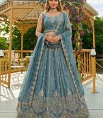 cobalt blue satin hand woven lehengas