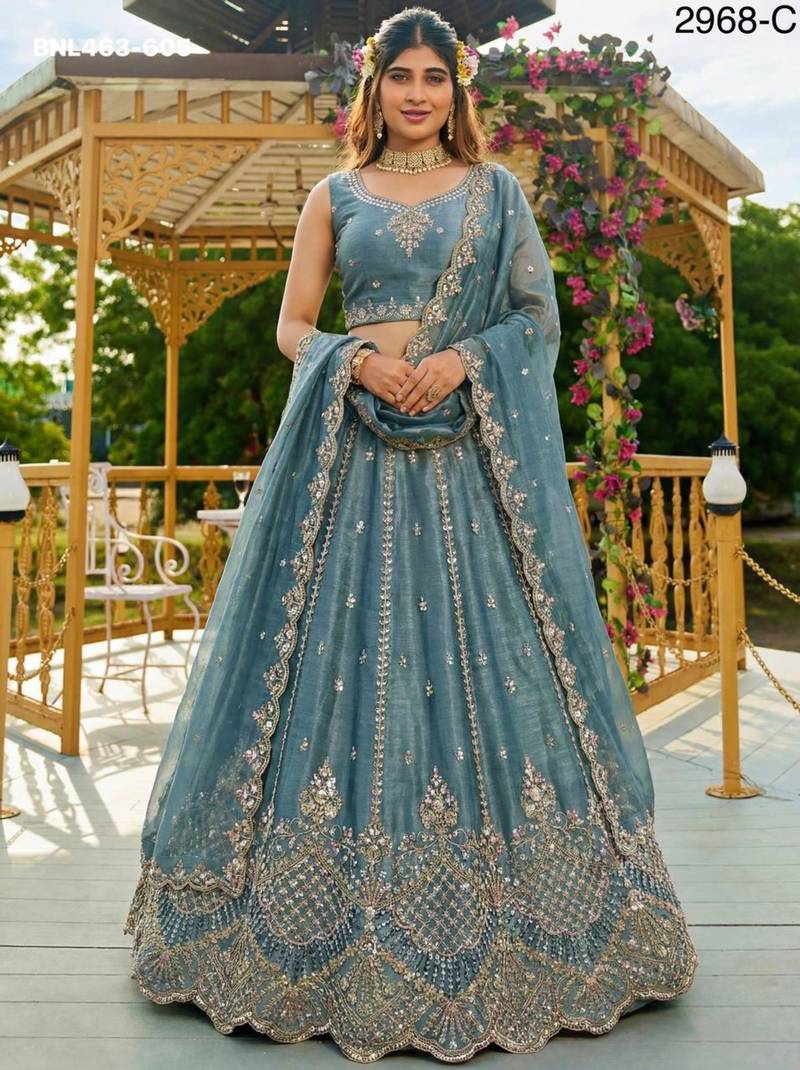 cobalt blue satin hand woven lehengas