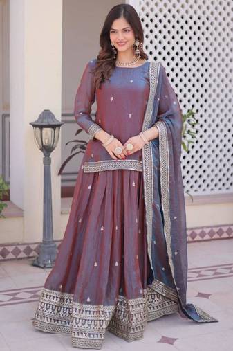 mauve chiffon embroidered lehengas