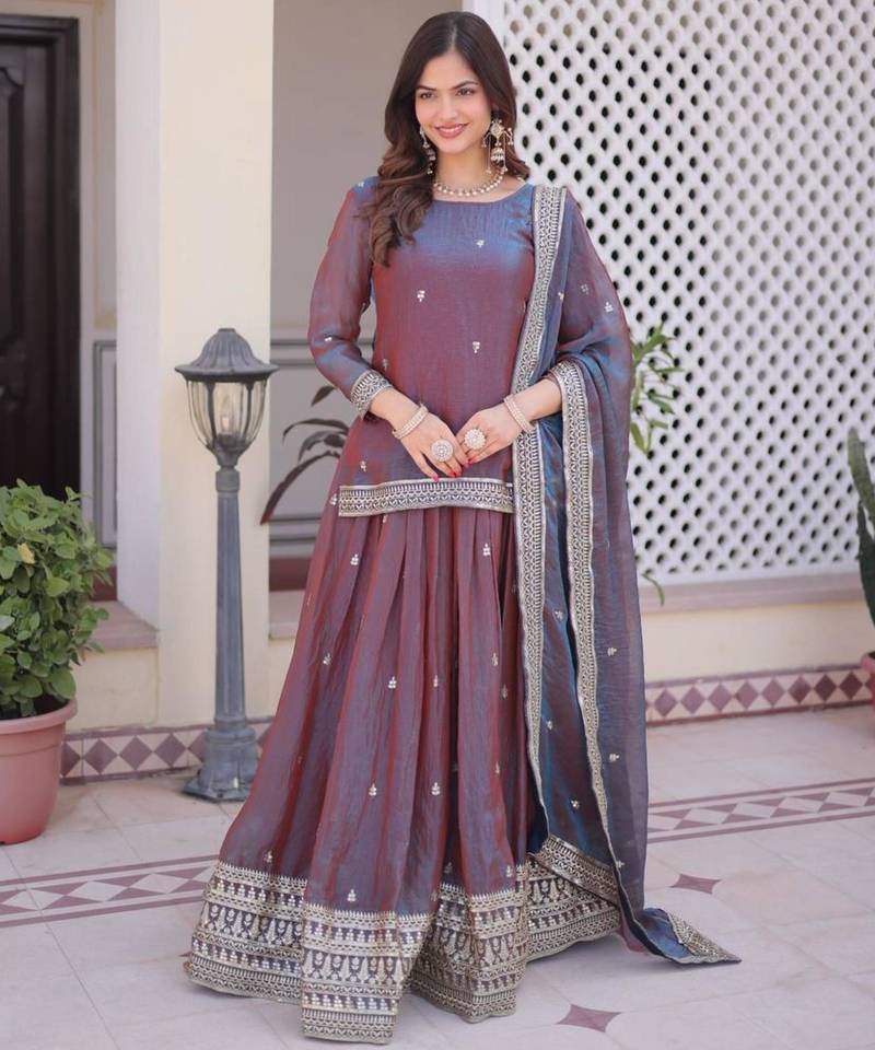 mauve chiffon embroidered lehengas