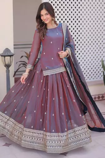 mauve chiffon embroidered lehengas