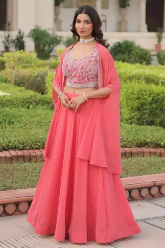 peach georgette plain lehengas