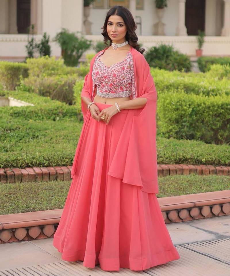 peach georgette plain lehengas