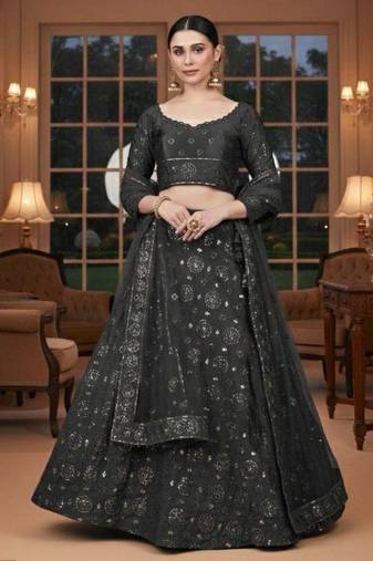 charcoal silk blend printed lehengas