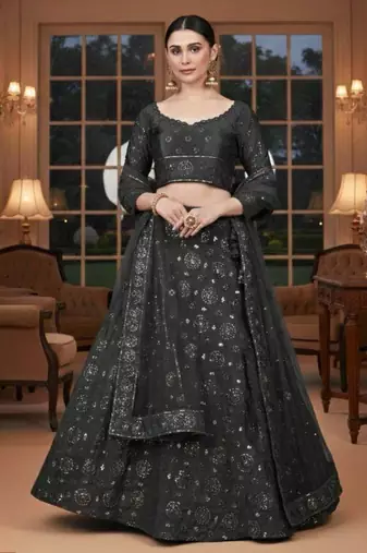 charcoal silk blend printed lehengas